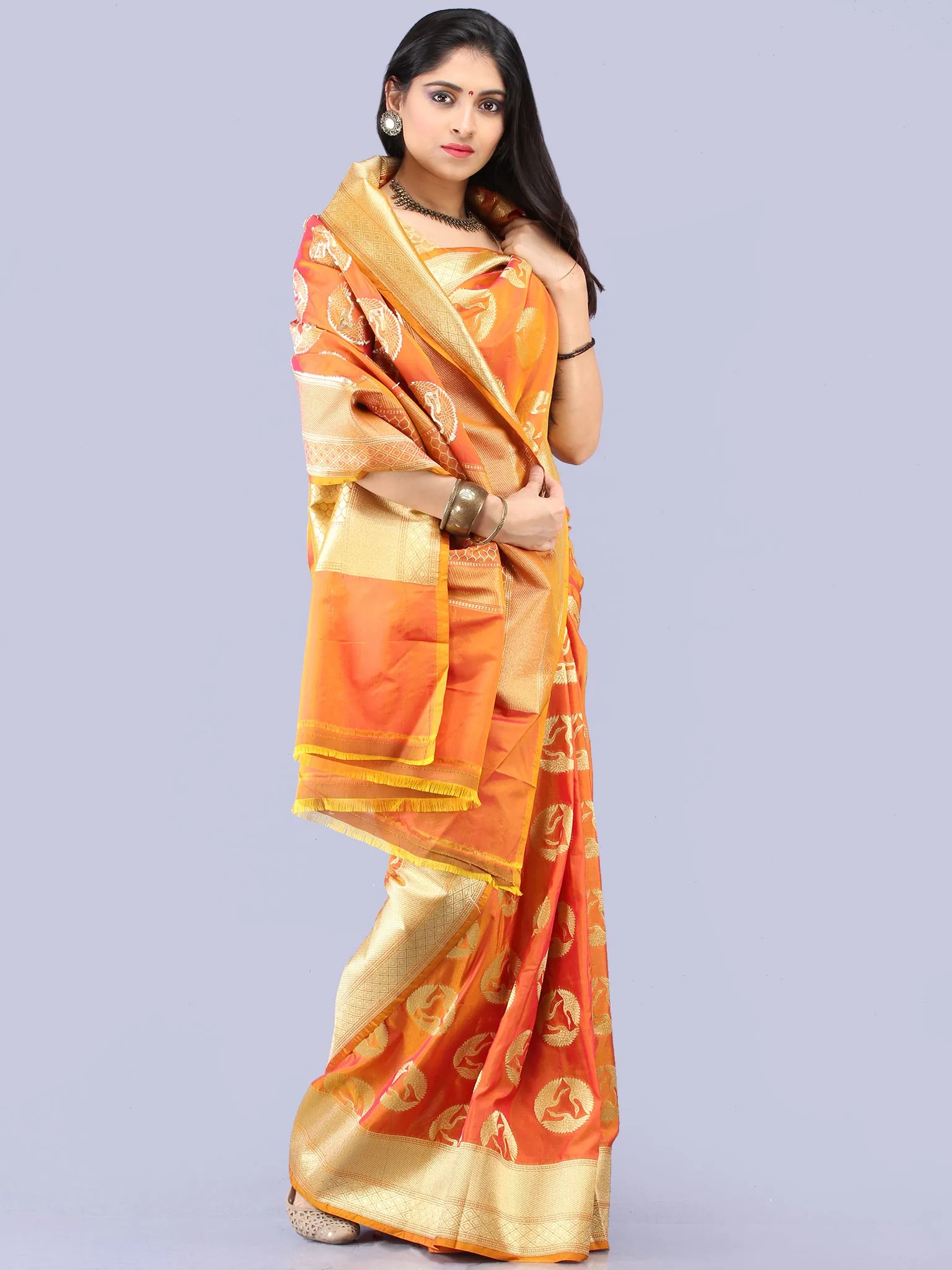 Banarasee Art Silk Saree With Bird Motif - Orange & Gold  - S031704301