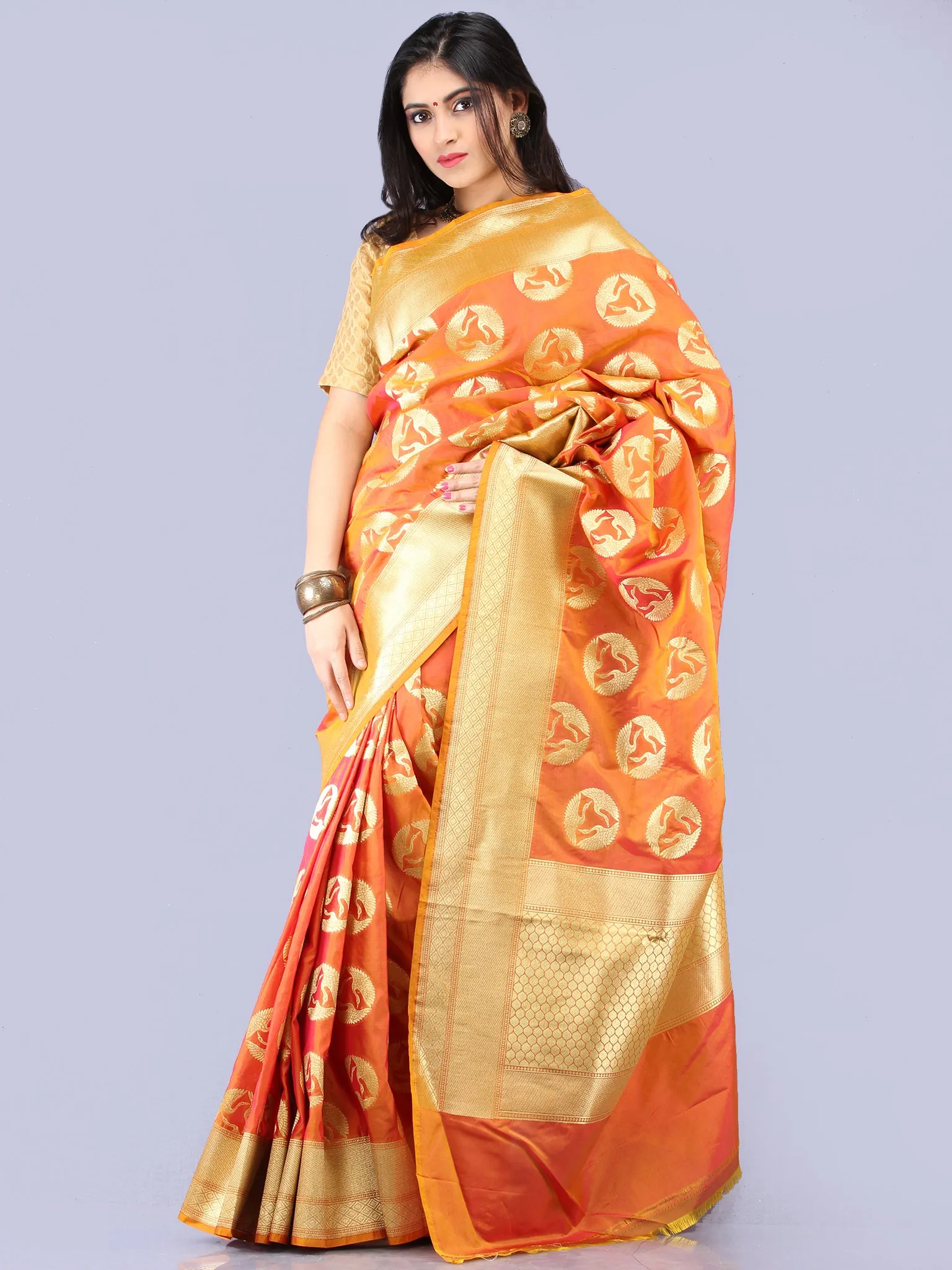 Banarasee Art Silk Saree With Bird Motif - Orange & Gold  - S031704301
