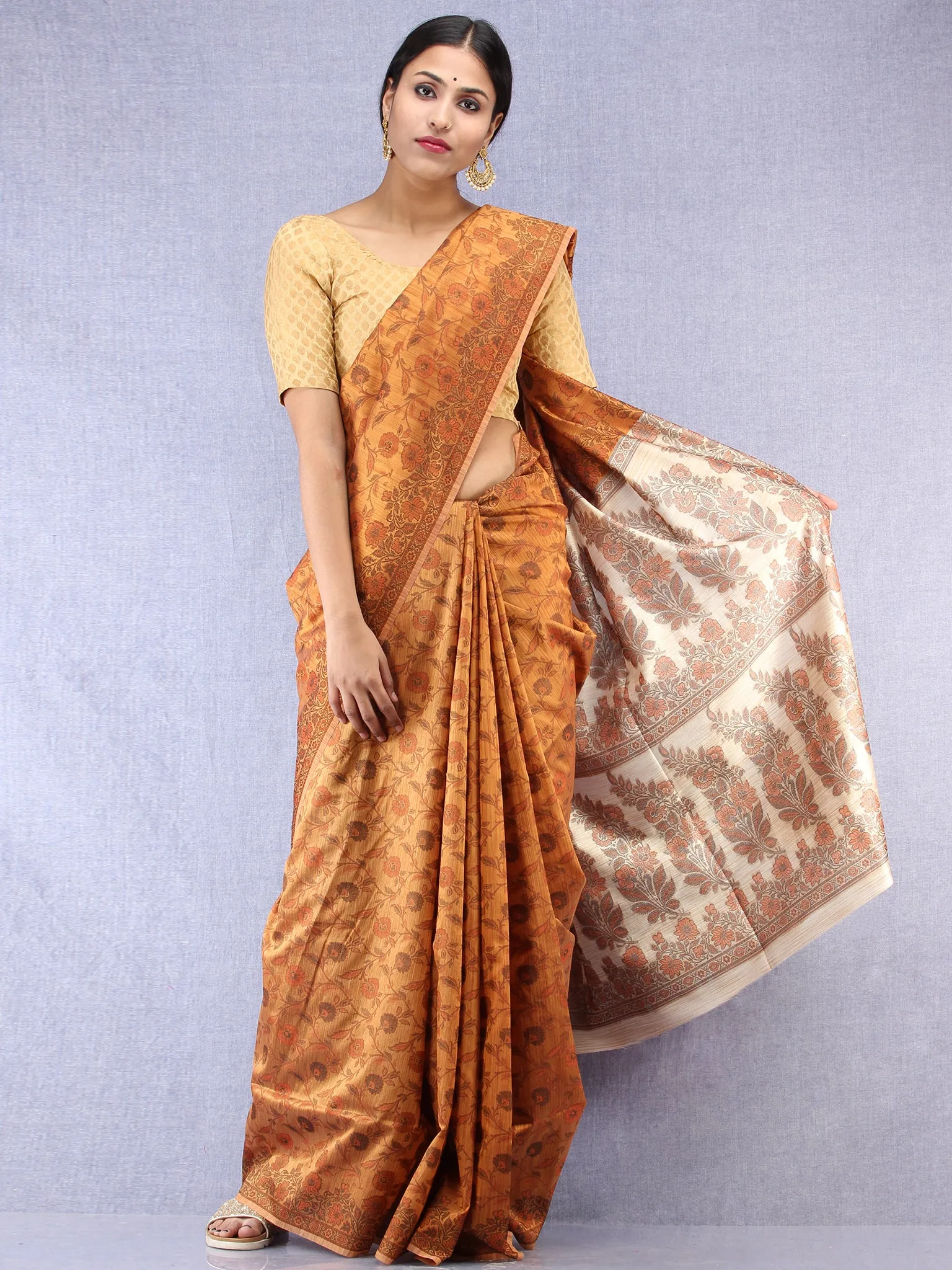Banarasee Art Silk Saree With Resham Weaving Work - Mustard Yellow & Beige - S031704424