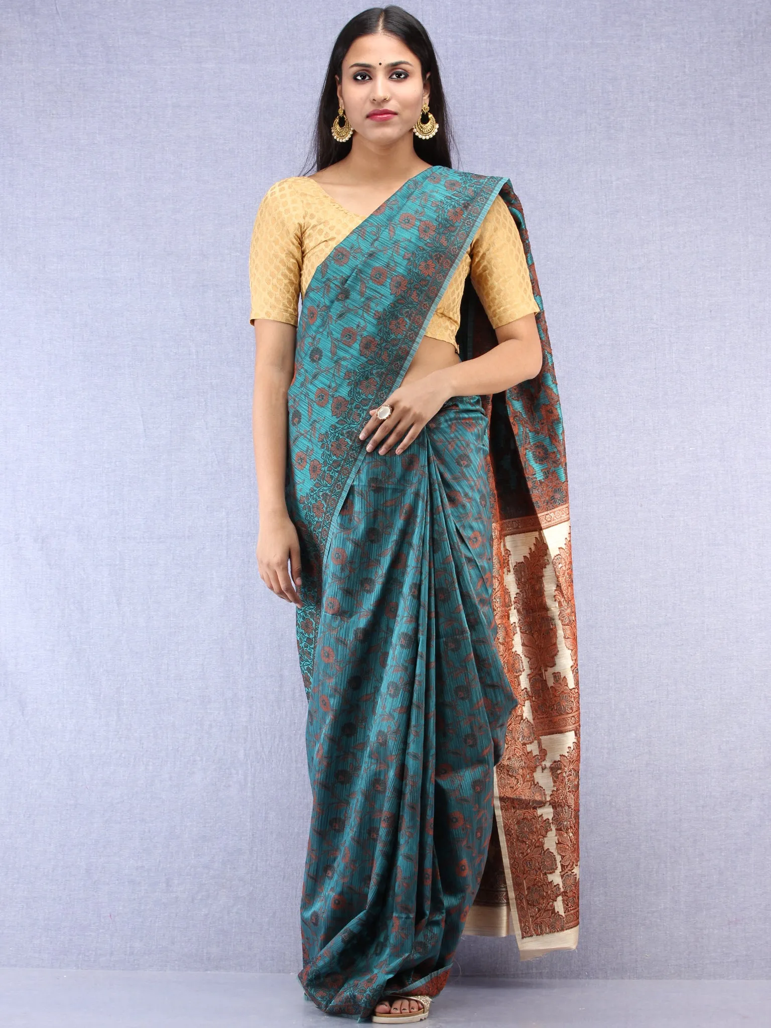 Banarasee Art Silk Saree With Resham Weaving Work- Teal Green & Ivory - S031704388