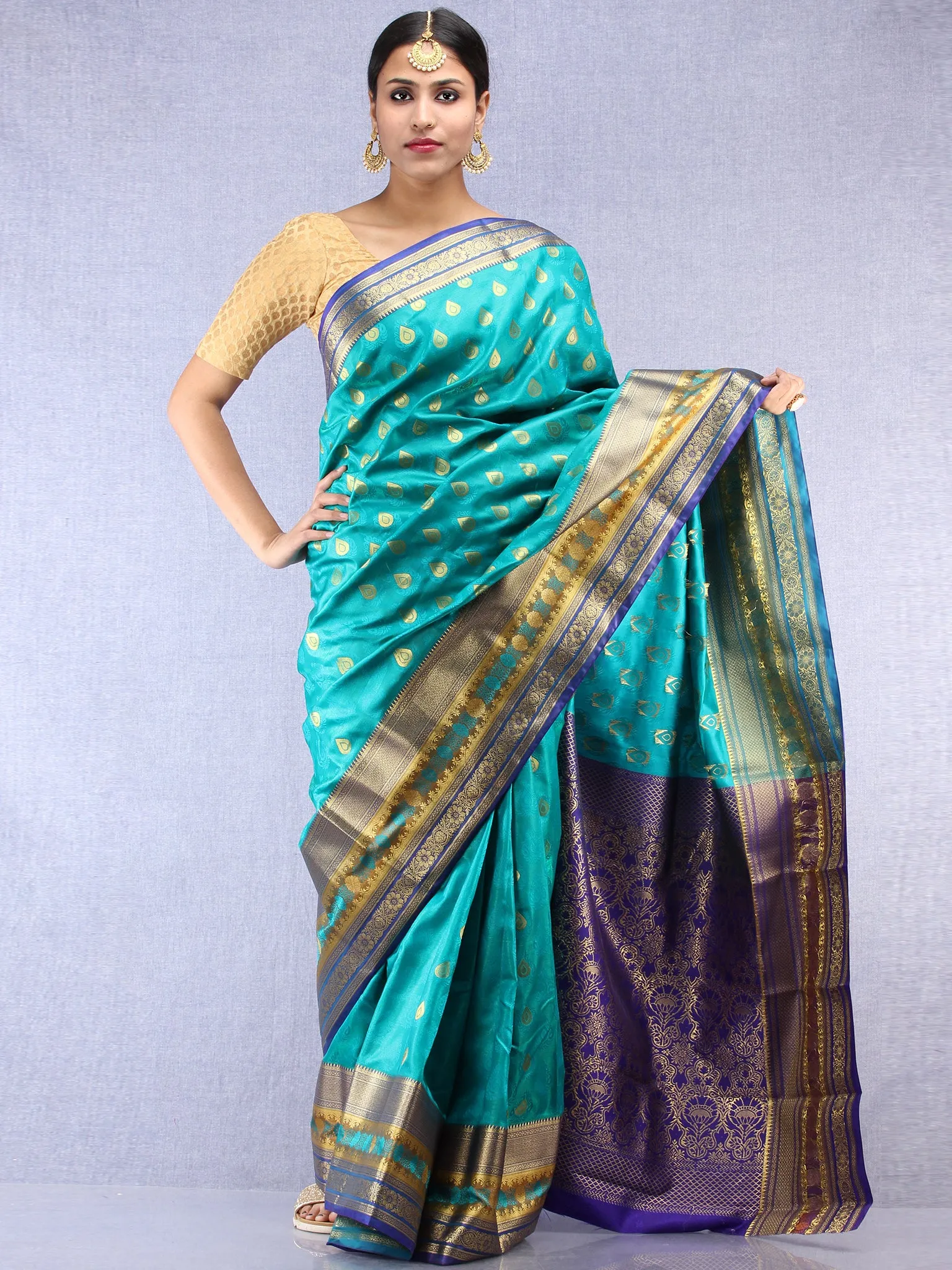 Banarasee Art Silk Saree With Resham Zari Weave - Sea Green Purple & Gold - S031704386