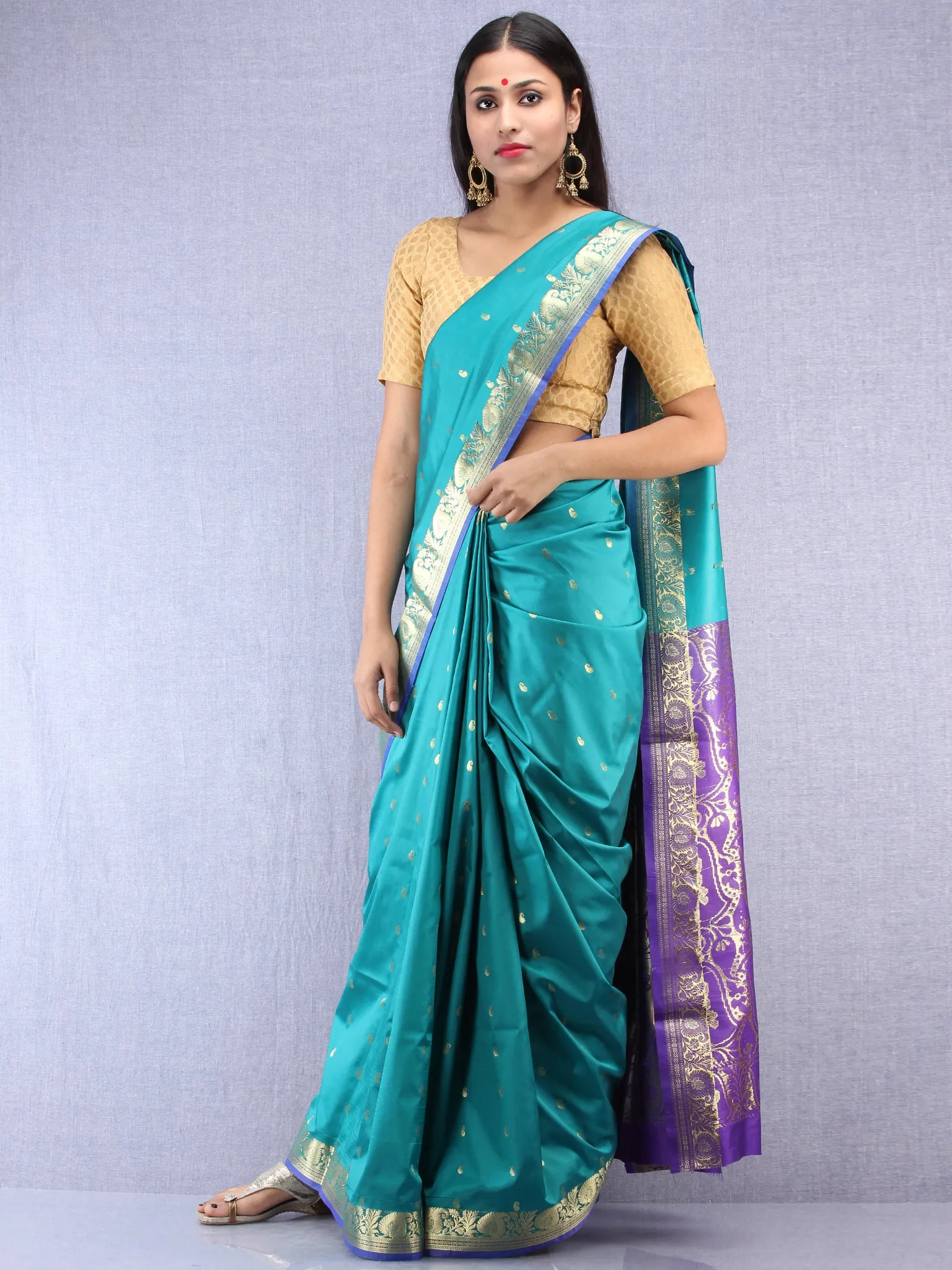 Banarasee Art Silk Saree With Zari Work - Green Purple & Gold - S031704407