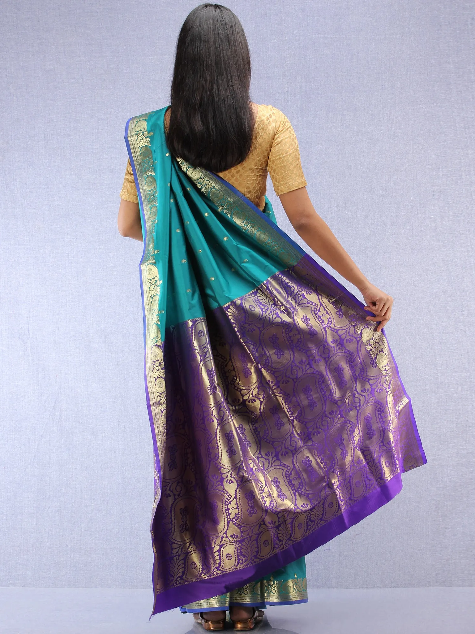 Banarasee Art Silk Saree With Zari Work - Green Purple & Gold - S031704407