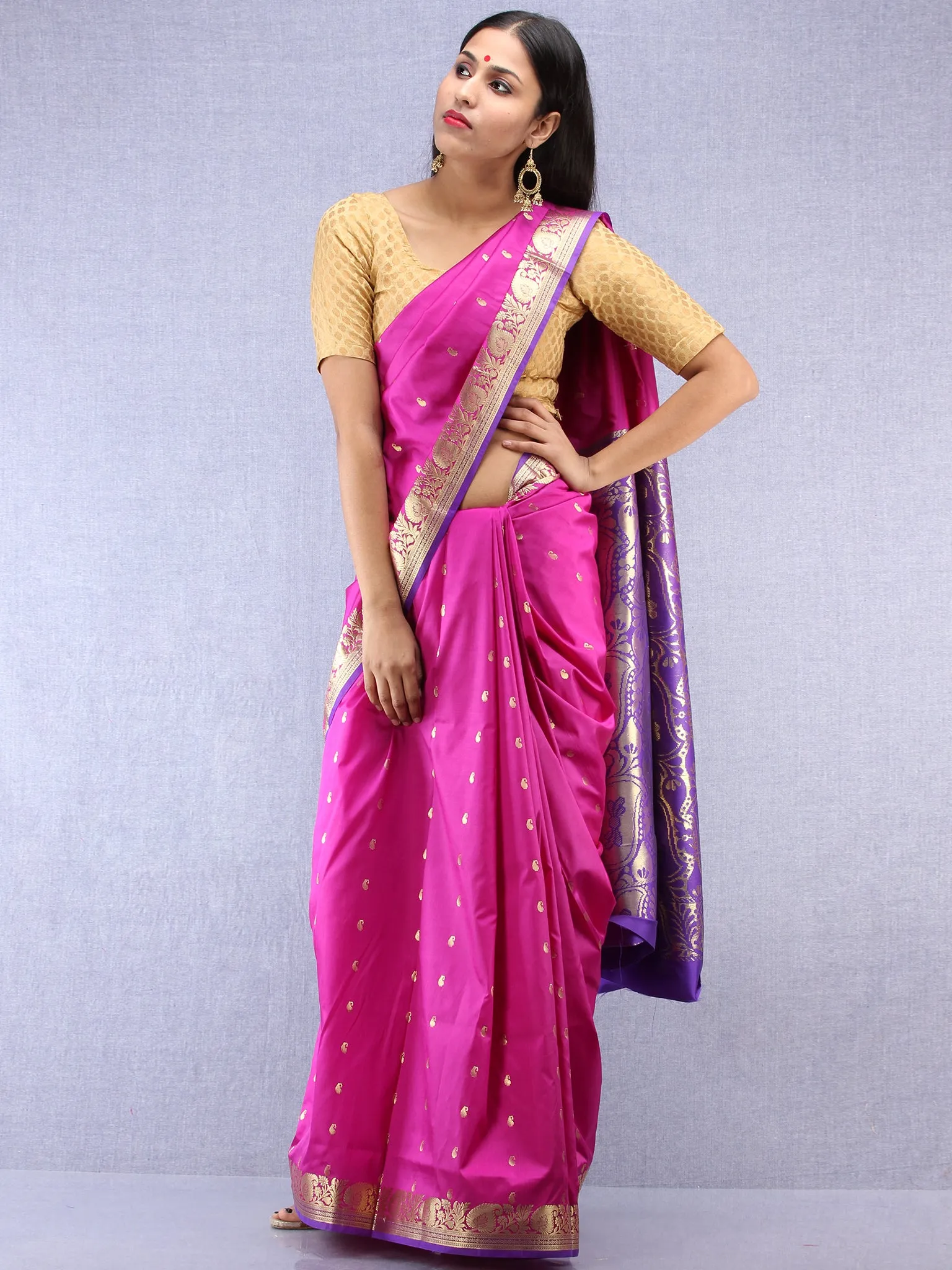 Banarasee Art Silk Saree With Zari Work  - Onion Pink Gold & Purple - S031704412