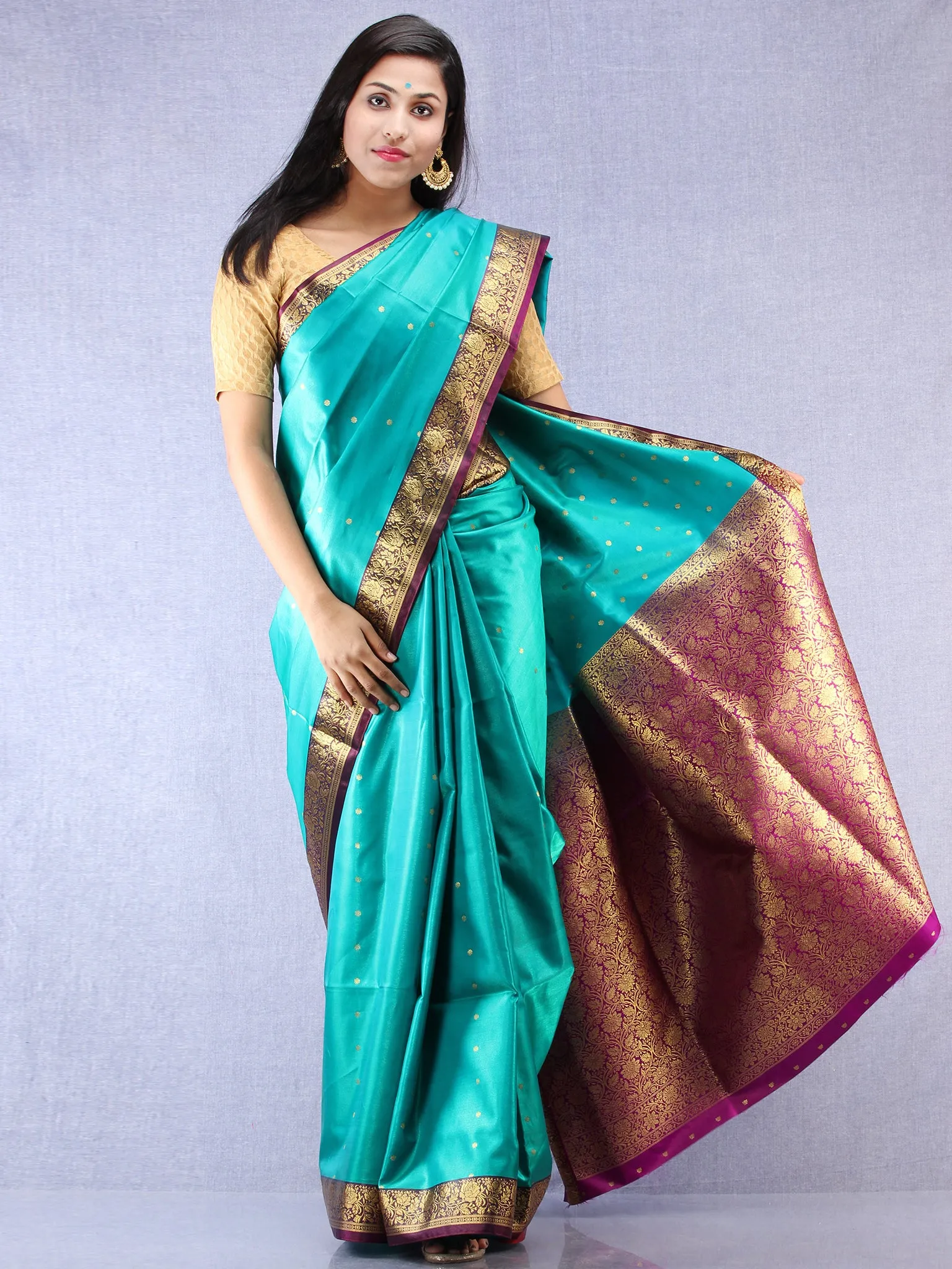 Banarasee Art Silk Self Weave Saree With Zari Work - Green Magenta & Gold - S031704339