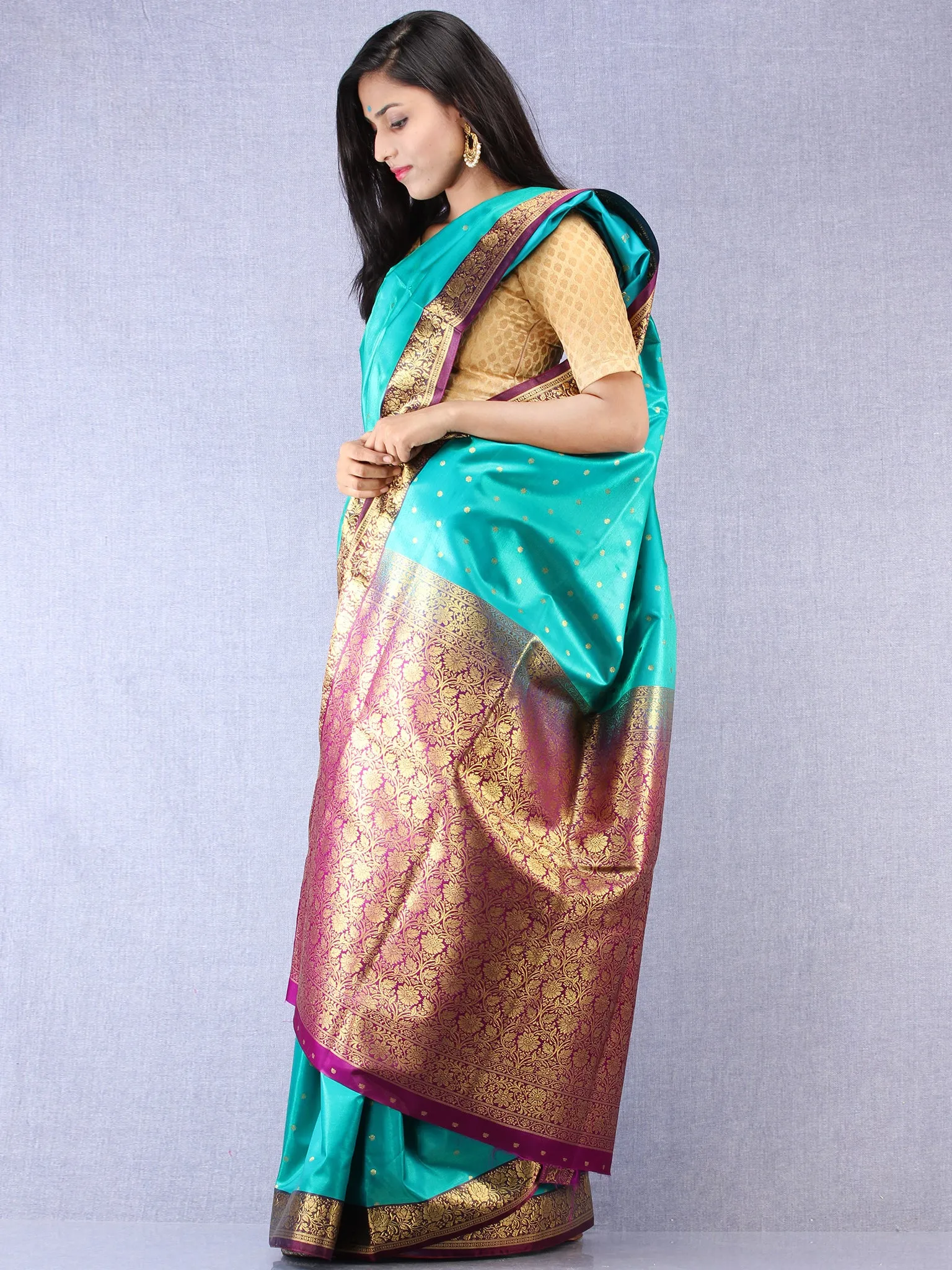 Banarasee Art Silk Self Weave Saree With Zari Work - Green Magenta & Gold - S031704339