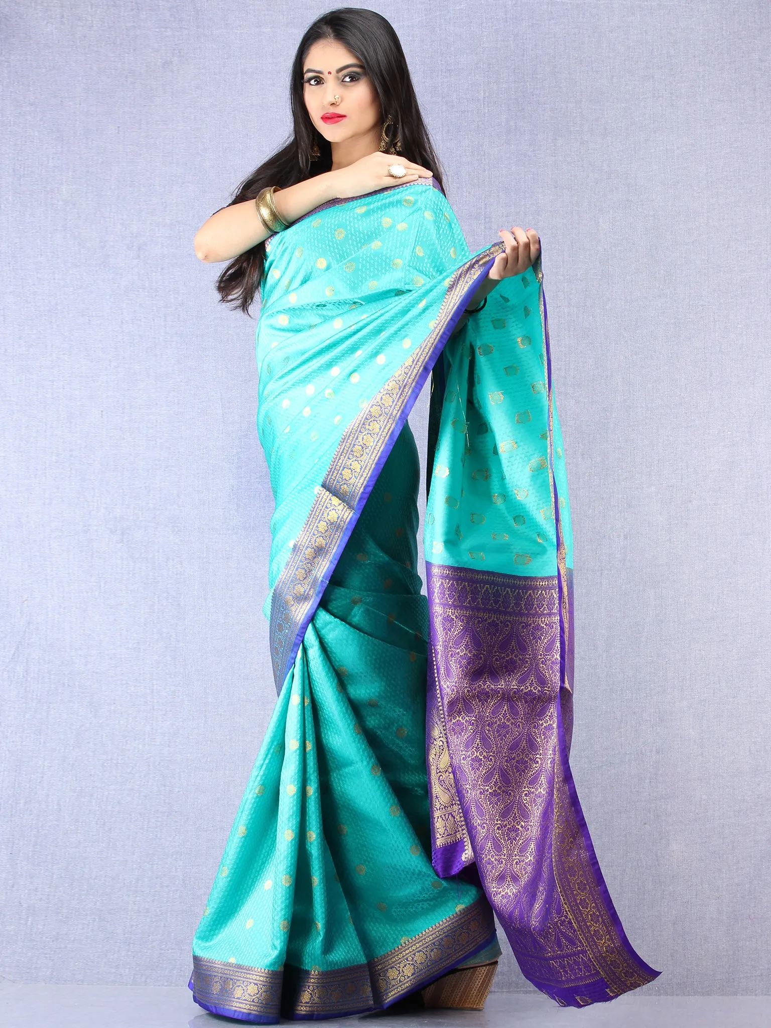 Banarasee Art Silk Self Weave Saree With Zari Work - Green Purple Gold  - S031704379