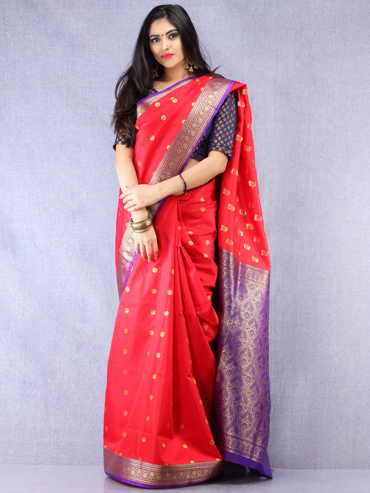 Banarasee Art Silk Self Weave Saree With Zari Work - Red Purple & Gold - S031704431