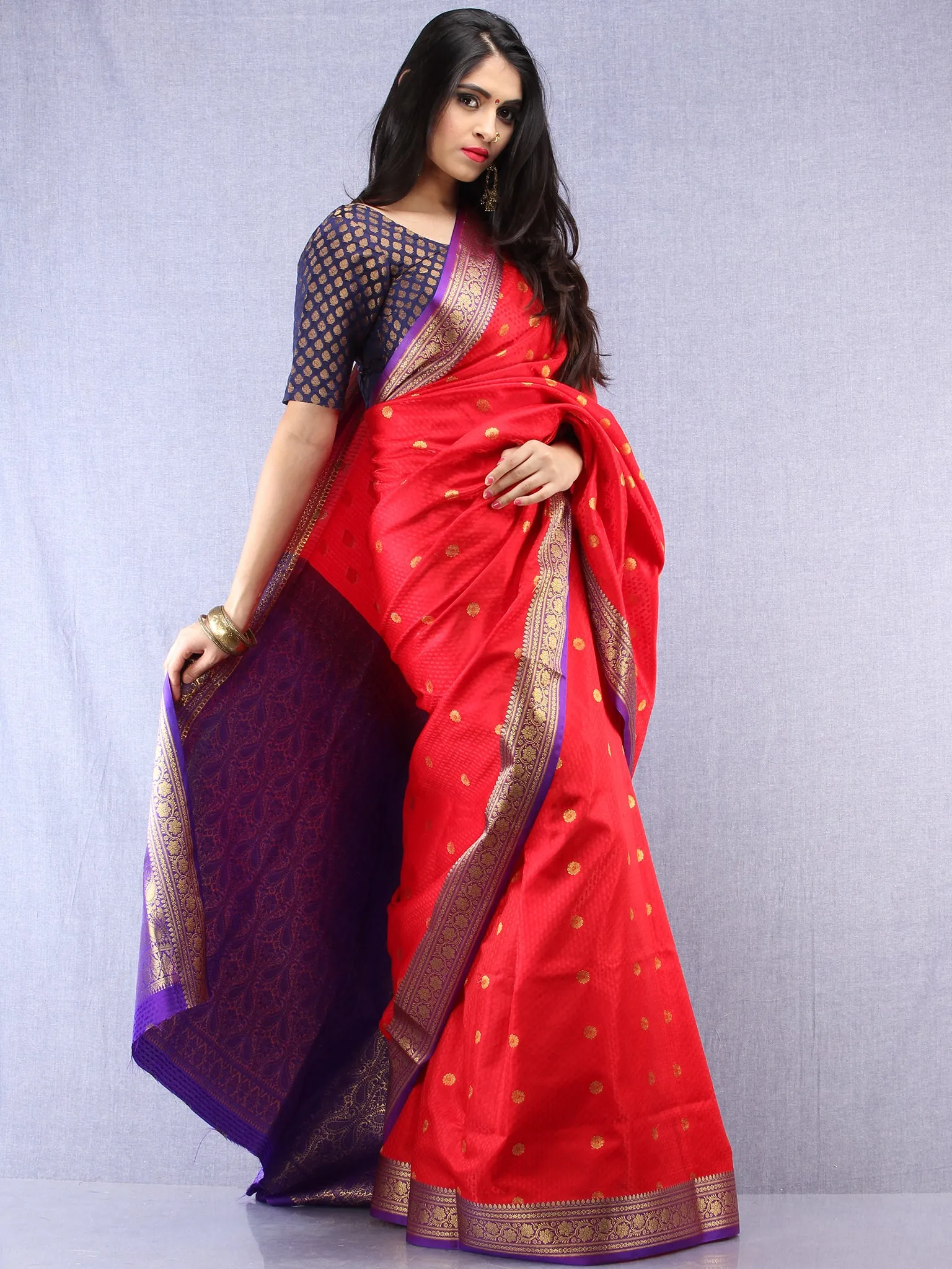 Banarasee Art Silk Self Weave Saree With Zari Work - Red Purple & Gold - S031704431