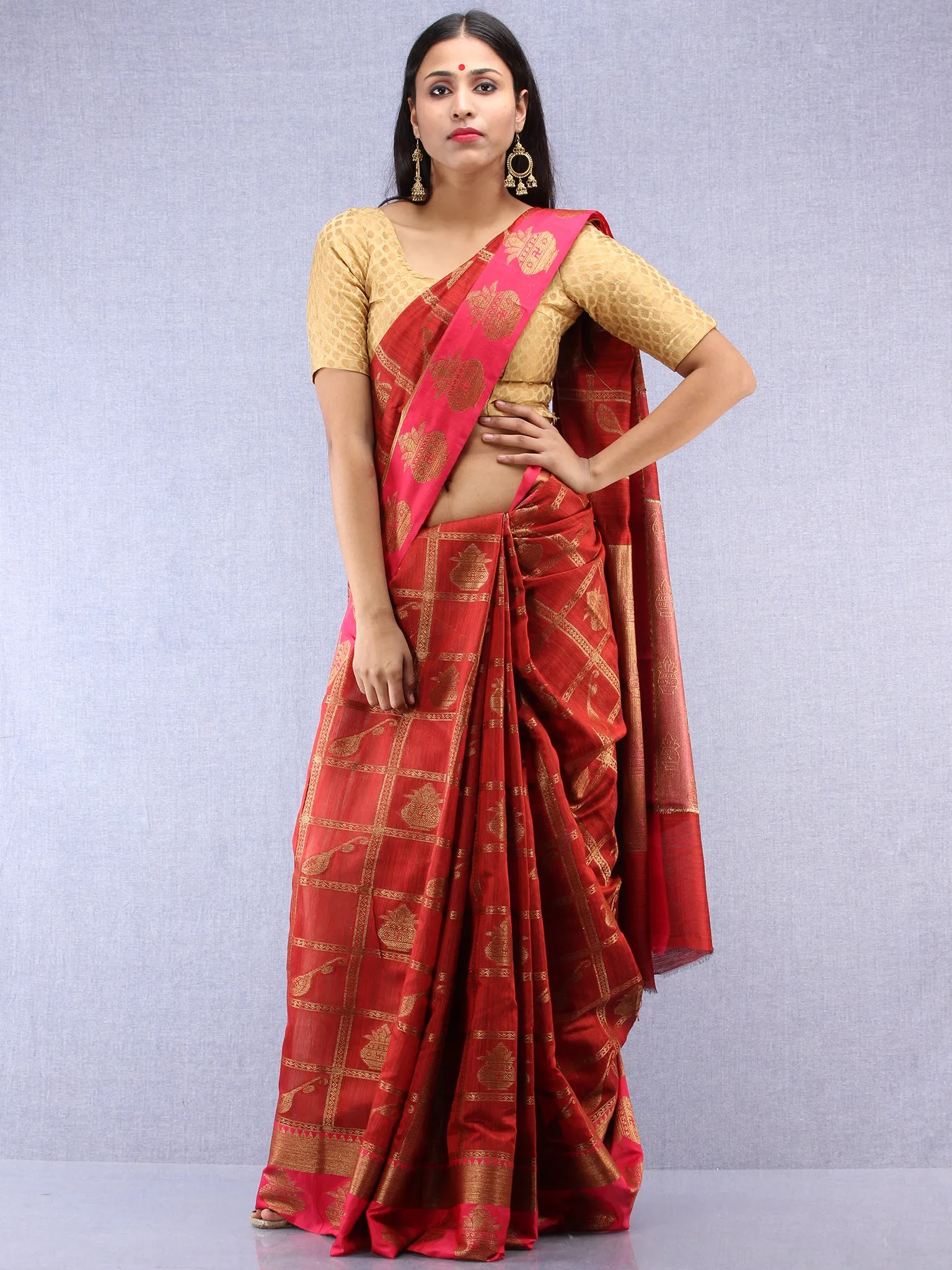 Banarasee Cotton Silk Saree With Zari Work - Maroon Red & Gold - S031704419