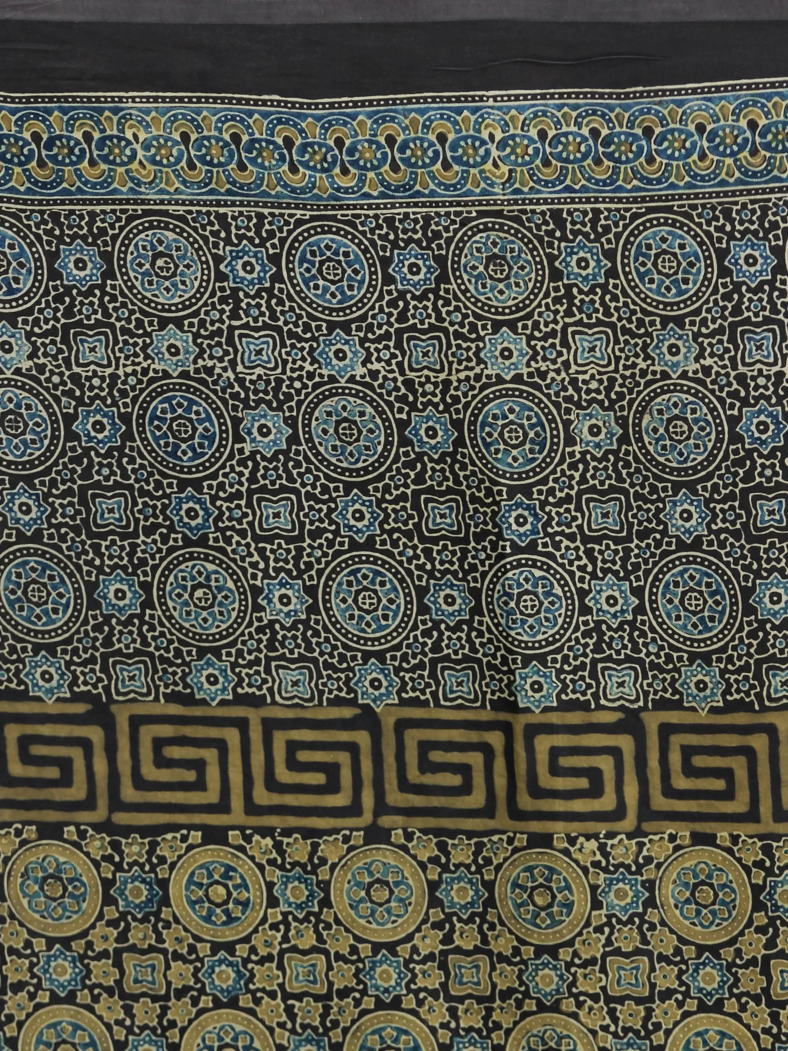 Black Green Indigo Ajrakh Hand Block Printed Modal Silk Saree in Natural Colors - s031704243