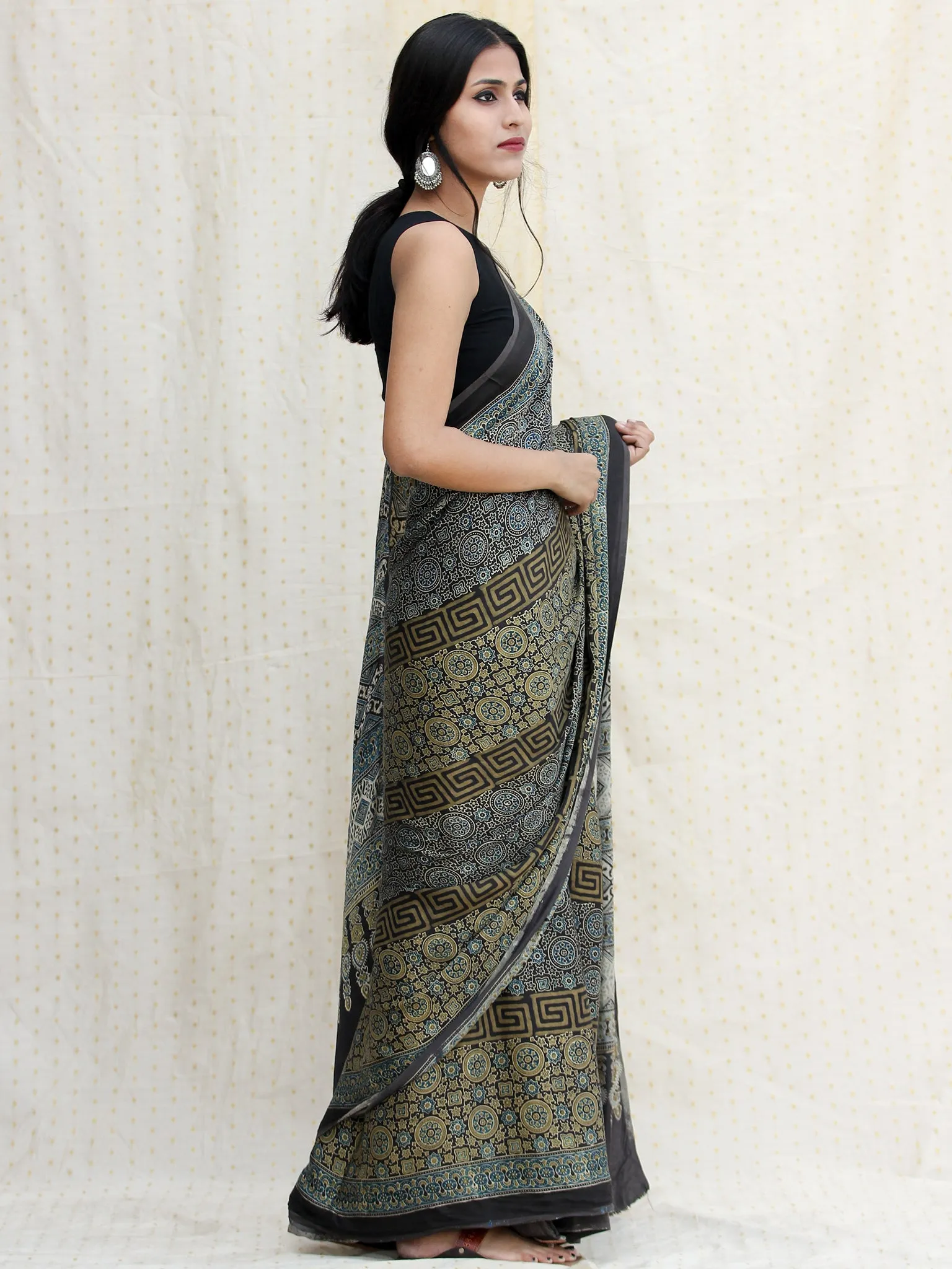 Black Green Indigo Ajrakh Hand Block Printed Modal Silk Saree in Natural Colors - s031704243