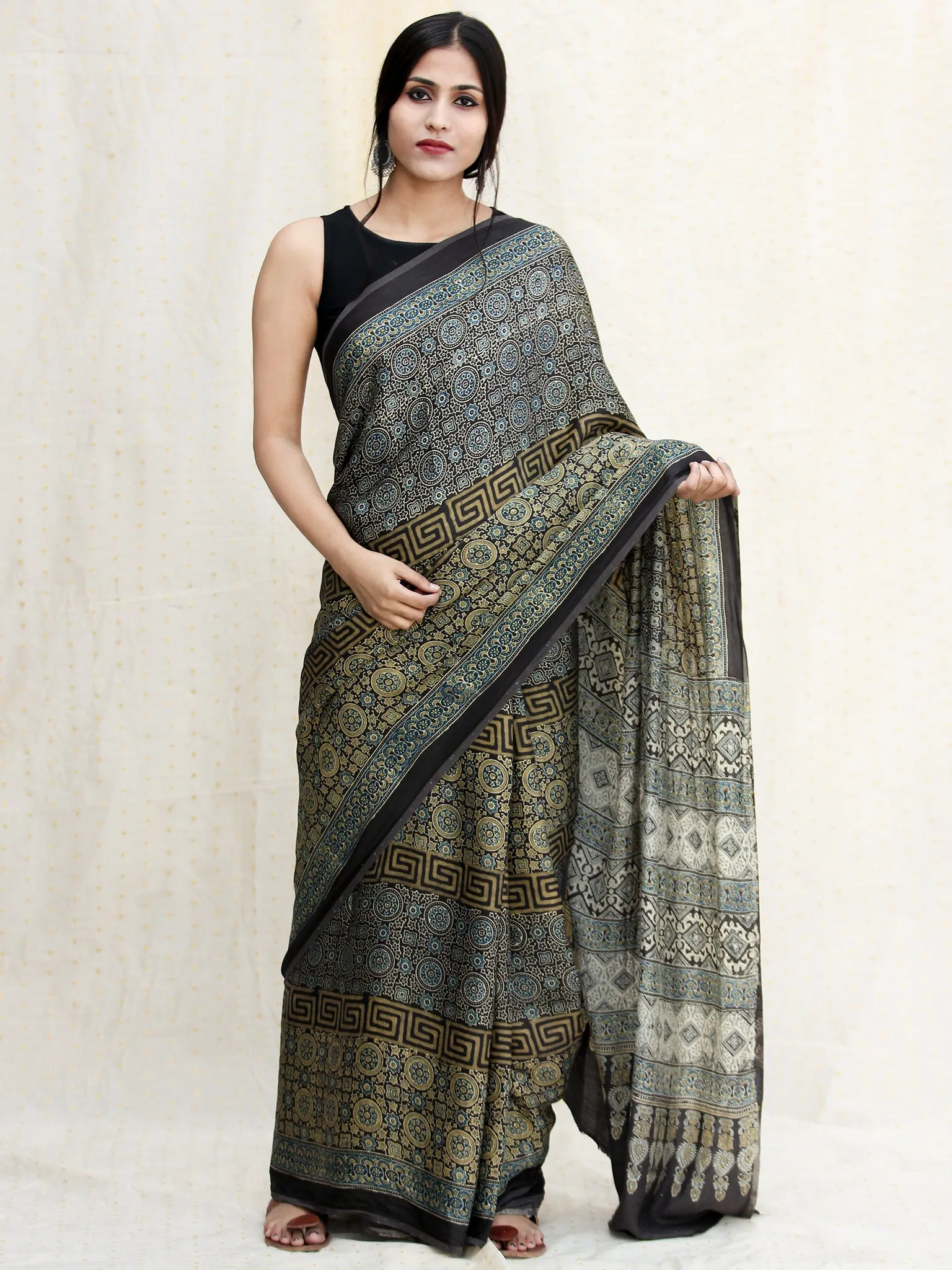 Black Green Indigo Ajrakh Hand Block Printed Modal Silk Saree in Natural Colors - s031704243