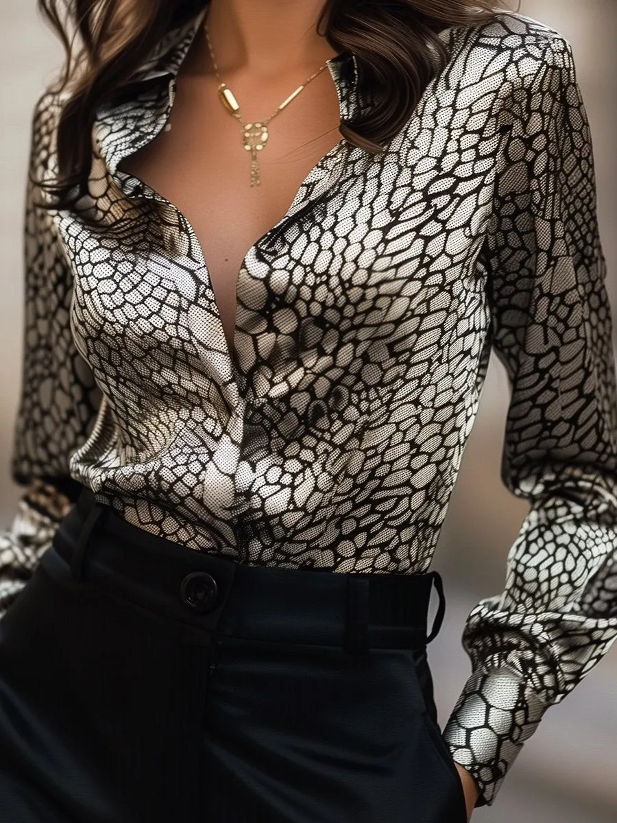 Chic Satin Blouse with Classic Snake Print