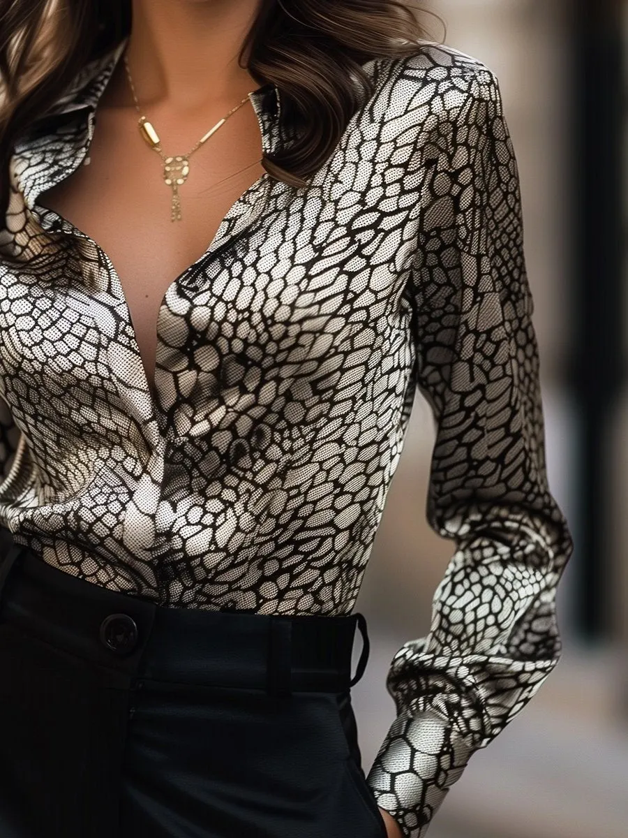Chic Satin Blouse with Classic Snake Print
