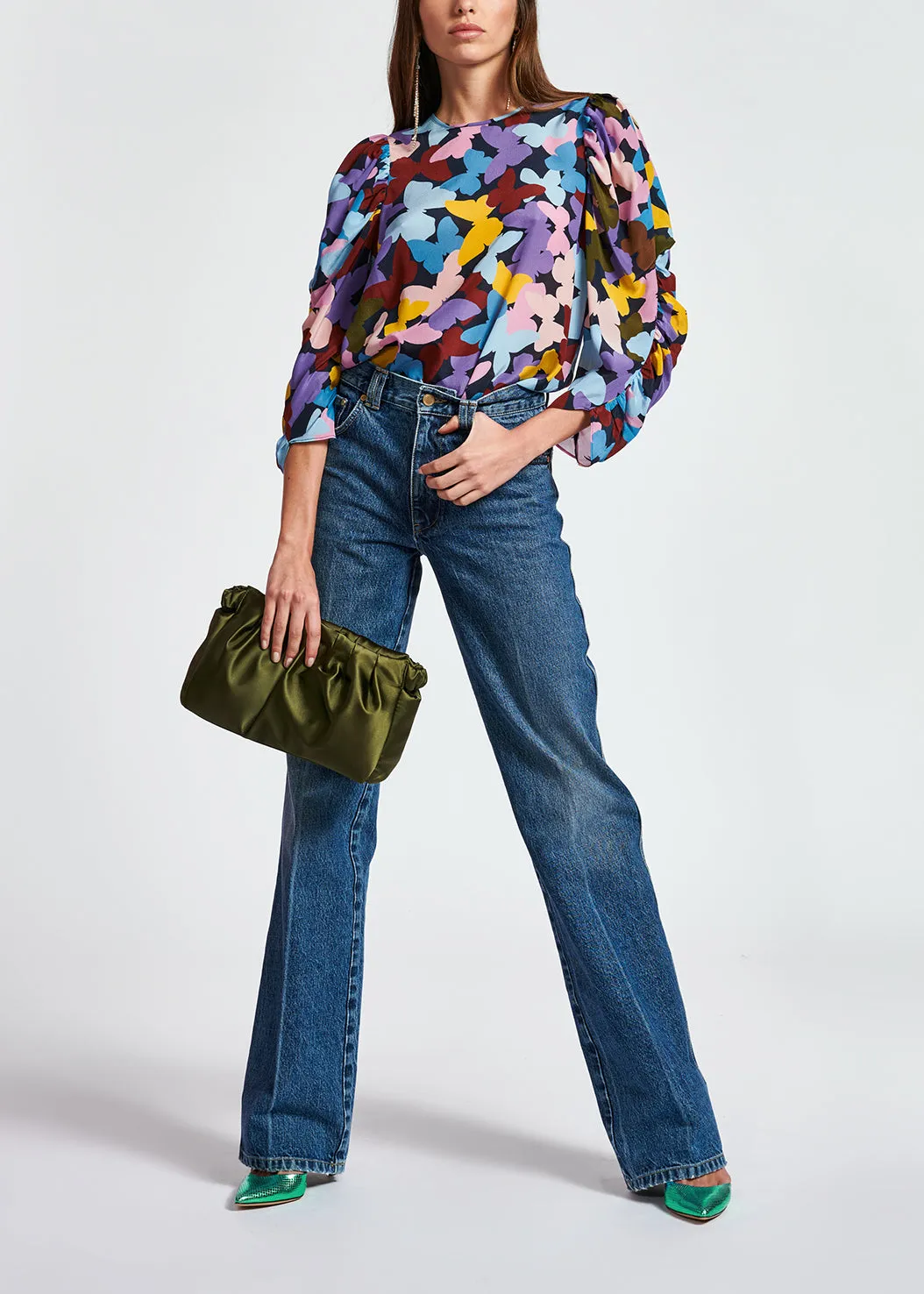 Dark blue silk butterfly print top