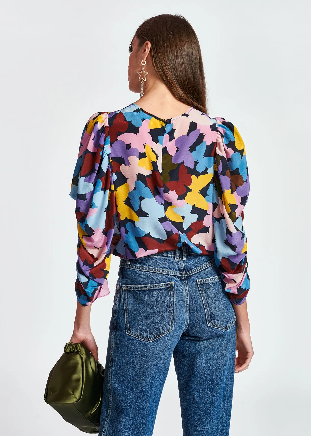 Dark blue silk butterfly print top