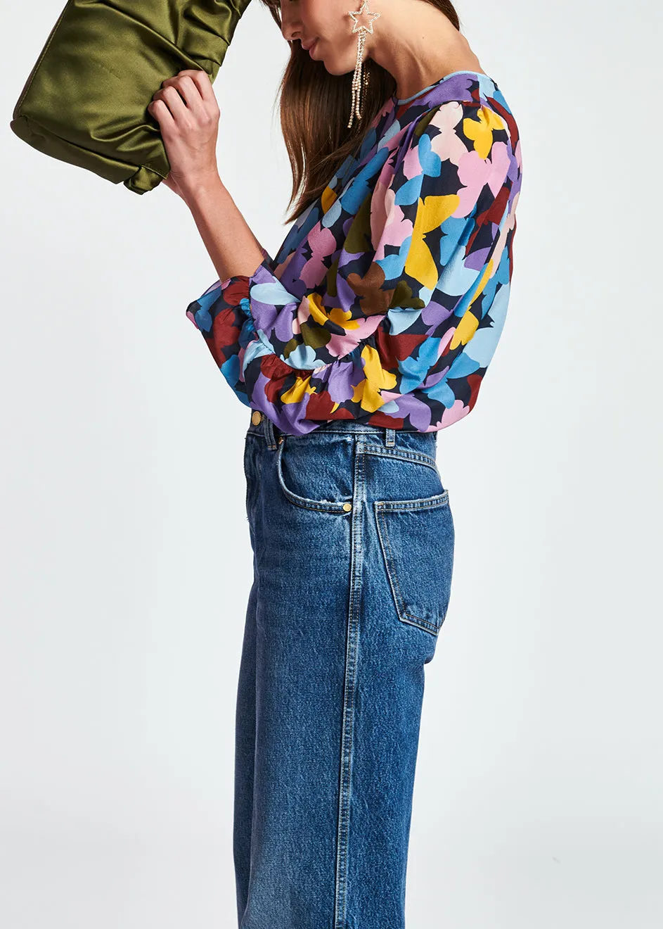 Dark blue silk butterfly print top