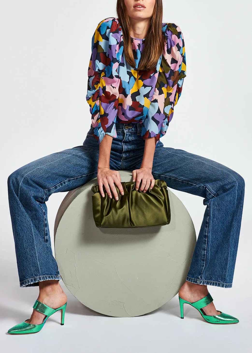 Dark blue silk butterfly print top