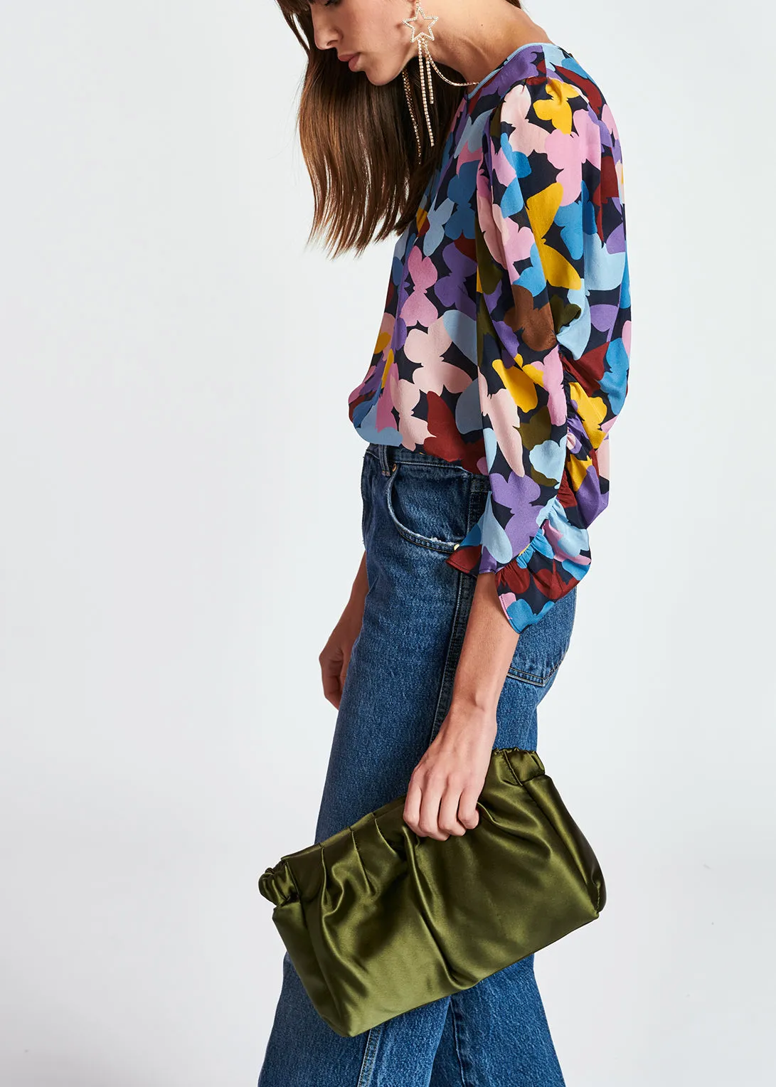 Dark blue silk butterfly print top