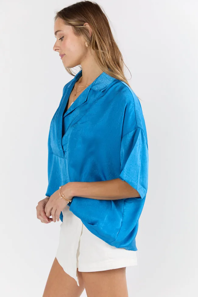 Dramatic Entrance Blue Oversized Satin Collared Blouse