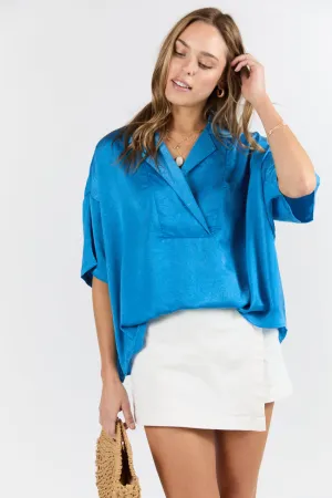 Dramatic Entrance Blue Oversized Satin Collared Blouse