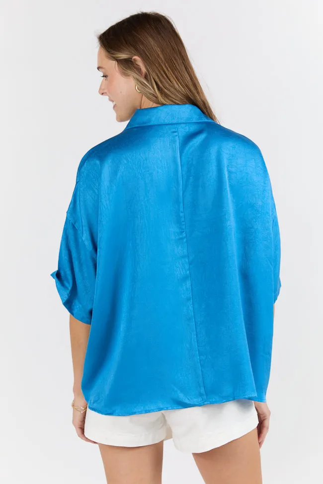Dramatic Entrance Blue Oversized Satin Collared Blouse