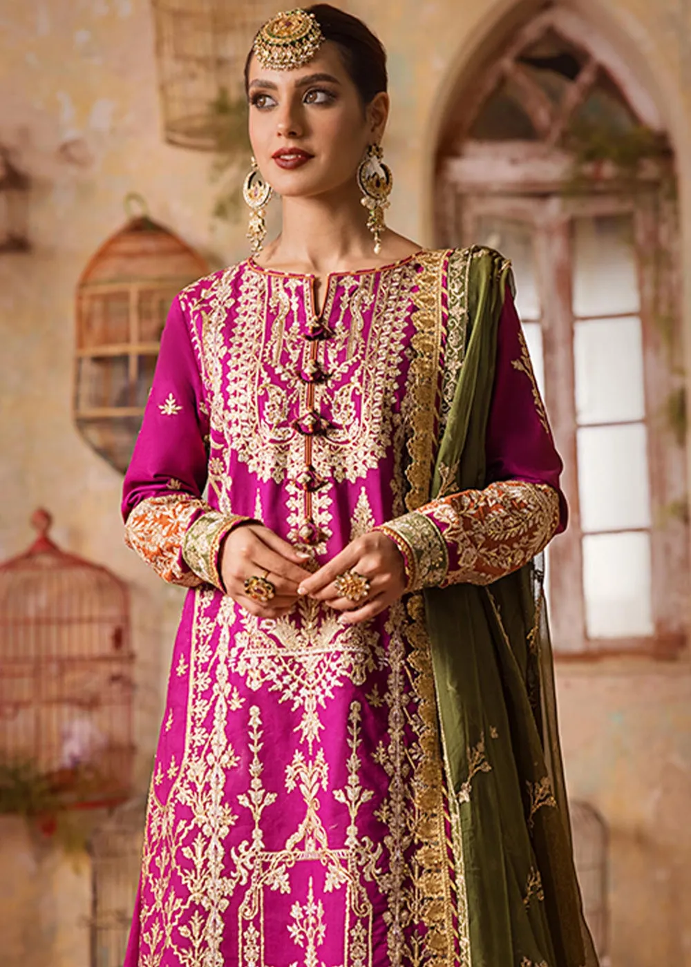 Eid Dress in Pink and Green Lawn Kameez Salwar Style Pakistani Party Wear
