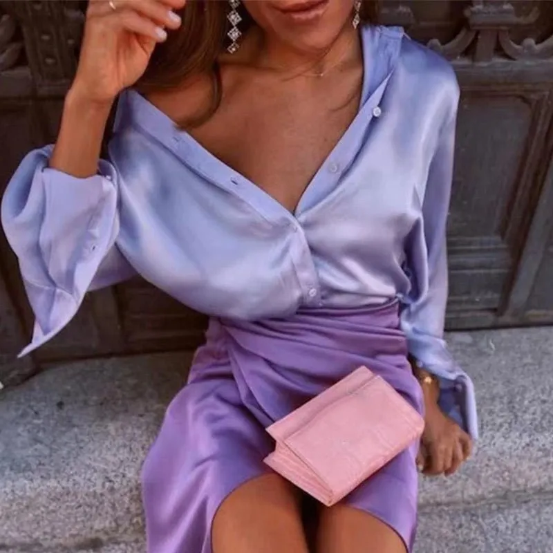 Elegant Satin Solid Long Sleeve Blouse