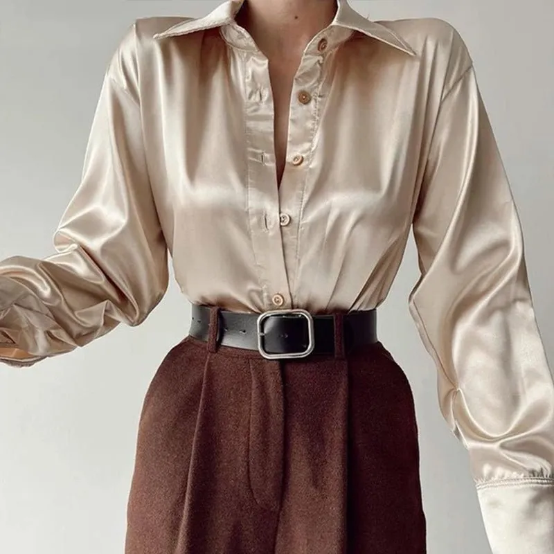 Elegant Satin Solid Long Sleeve Blouse