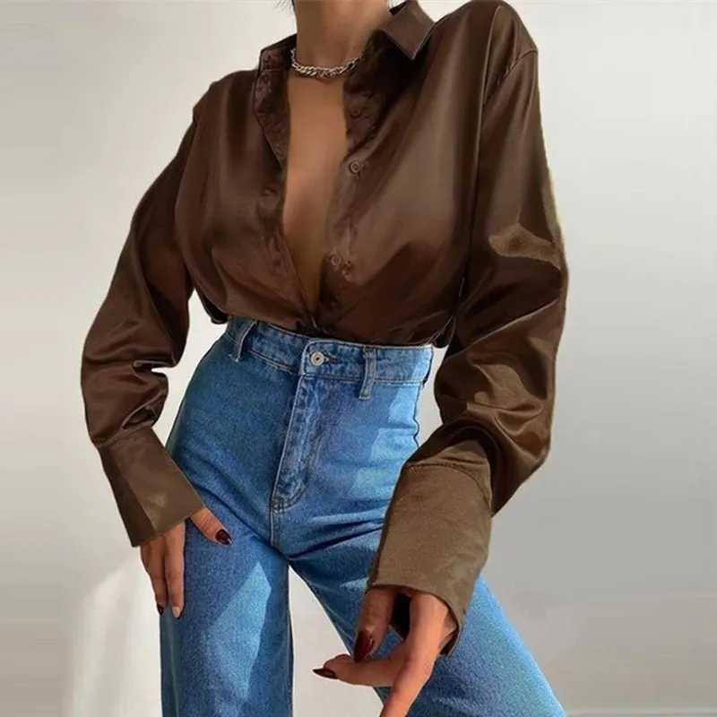 Elegant Satin Solid Long Sleeve Blouse