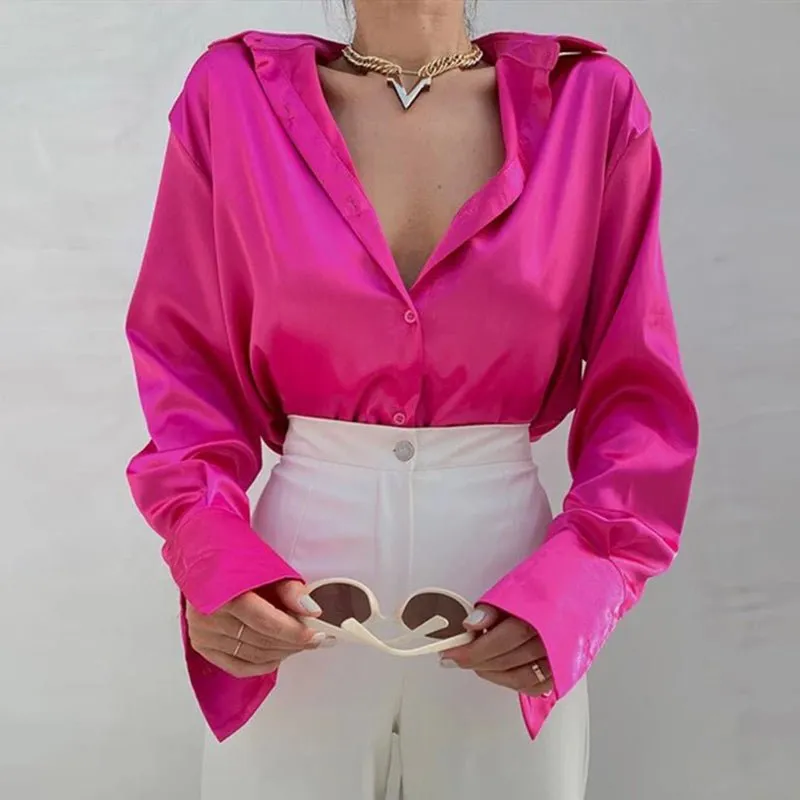 Elegant Satin Solid Long Sleeve Blouse