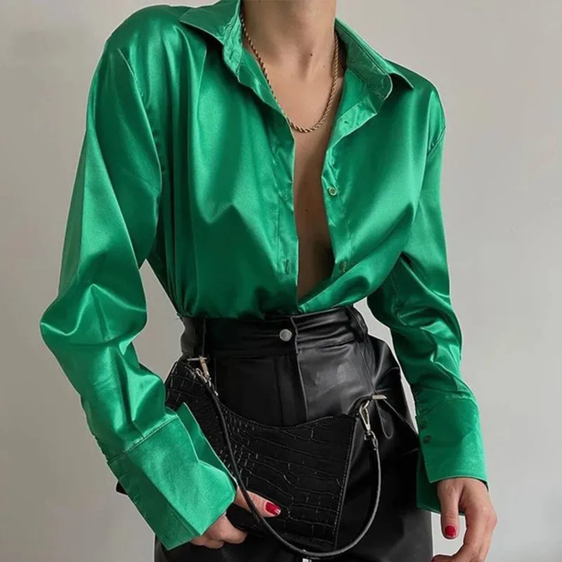 Elegant Satin Solid Long Sleeve Blouse