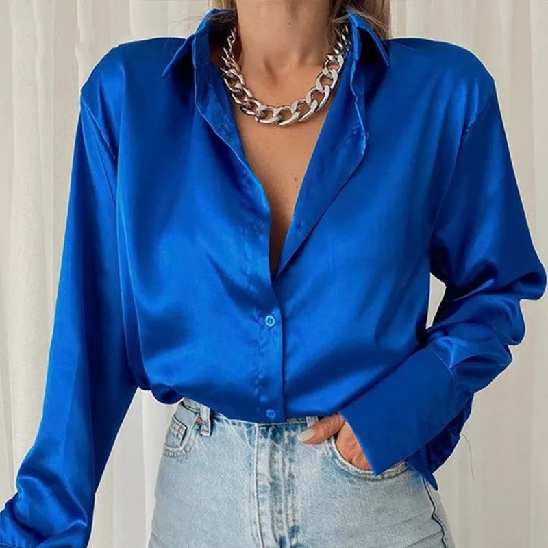 Elegant Satin Solid Long Sleeve Blouse