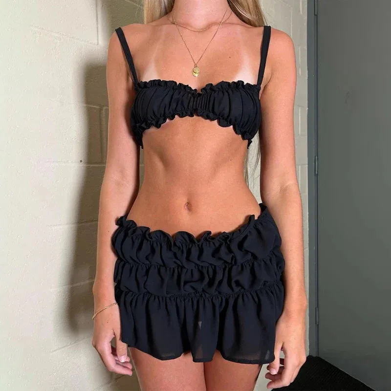 Fairycore 2 Piece Skirts Outfits Frills Spaghetti Strap Cami Crop Tops   Ruched Mini Pencil Skirt Women Y2K Vintage Streetwear