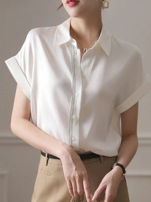 Fashion Elegant Women Short Sleeve Silk White Blouse