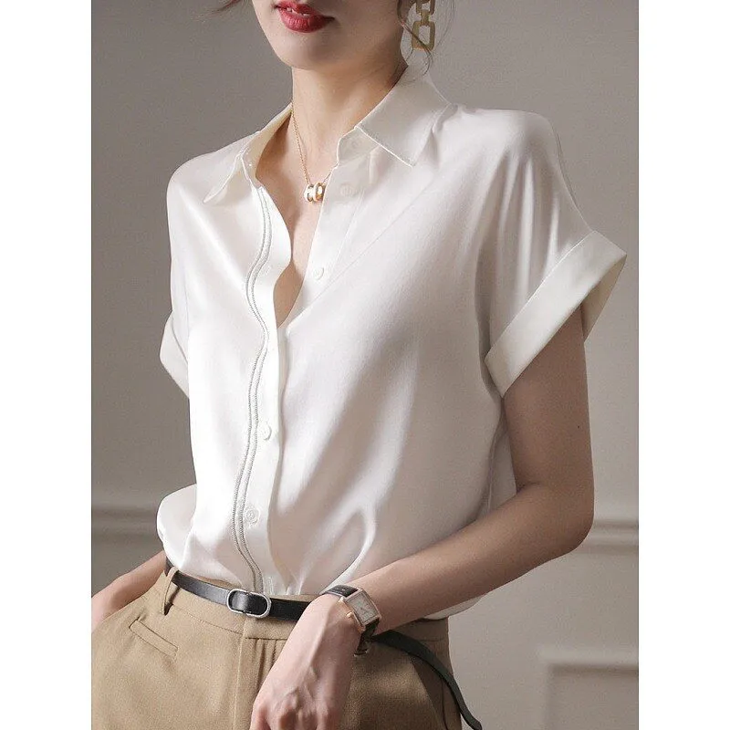 Fashion Elegant Women Short Sleeve Silk White Blouse