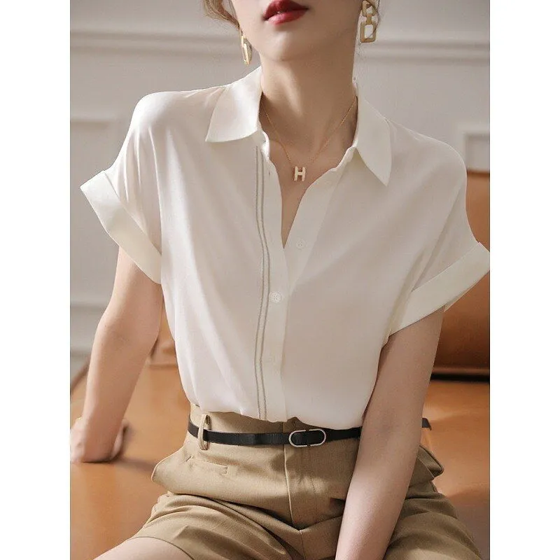 Fashion Elegant Women Short Sleeve Silk White Blouse