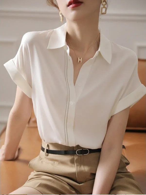 Fashion Elegant Women Short Sleeve Silk White Blouse