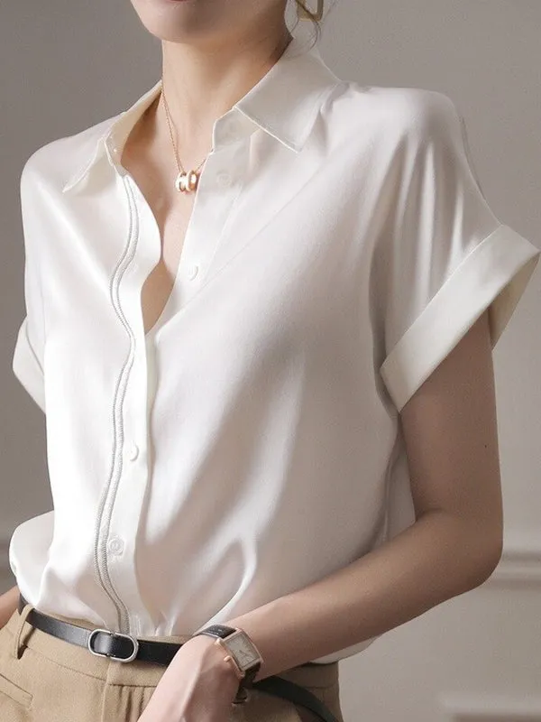 Fashion Elegant Women Short Sleeve Silk White Blouse