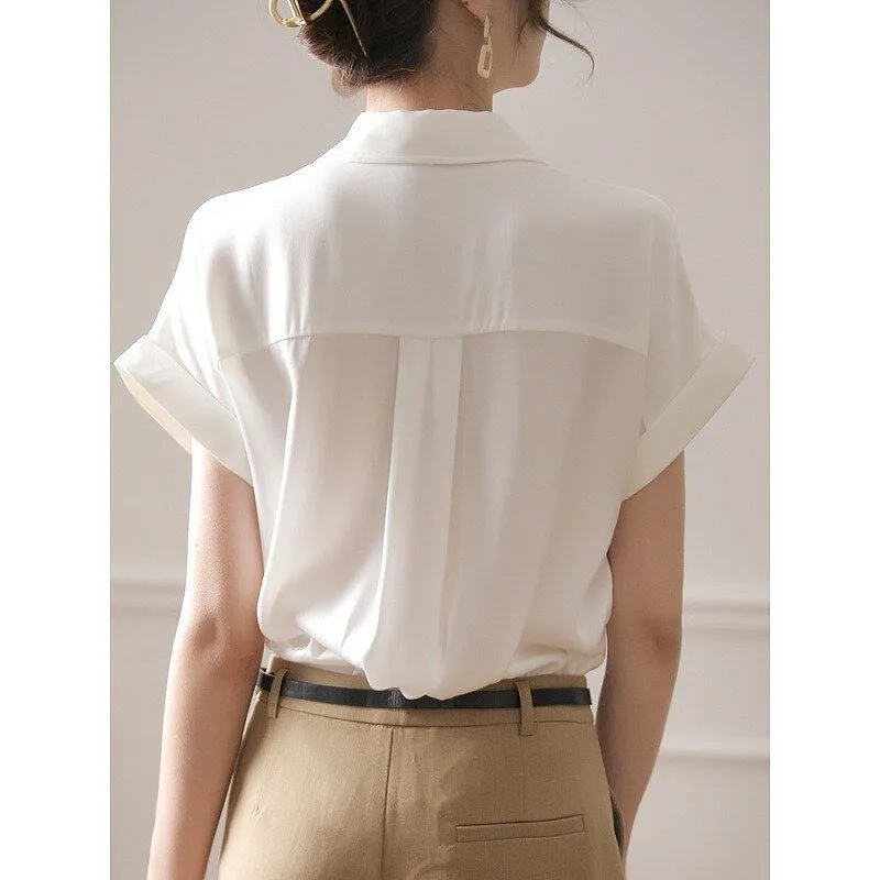 Fashion Elegant Women Short Sleeve Silk White Blouse