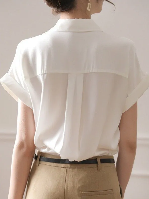 Fashion Elegant Women Short Sleeve Silk White Blouse