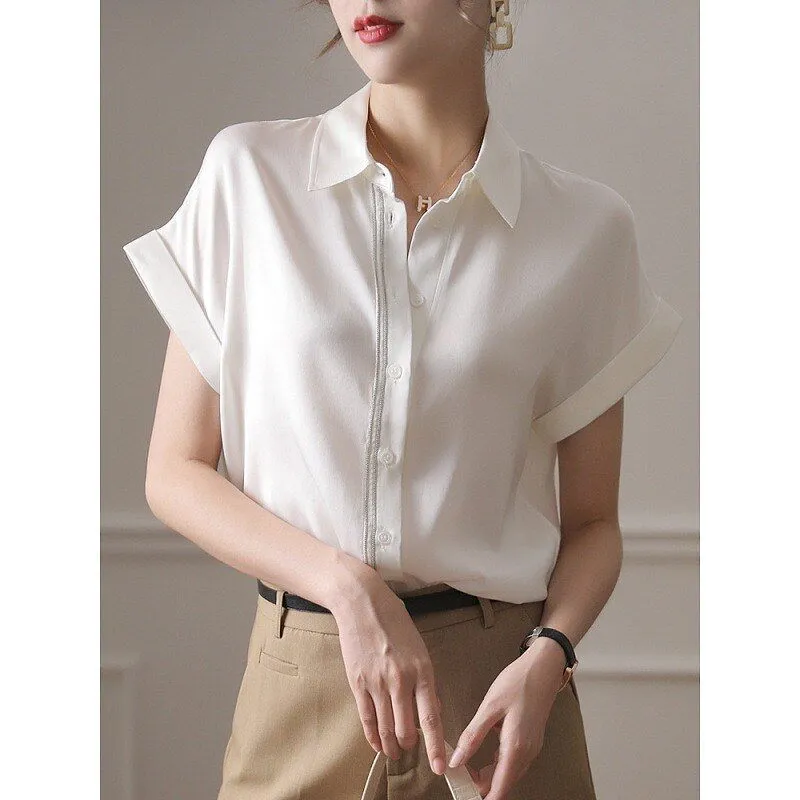 Fashion Elegant Women Short Sleeve Silk White Blouse