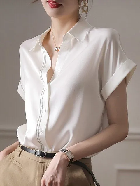Fashion Elegant Women Short Sleeve Silk White Blouse