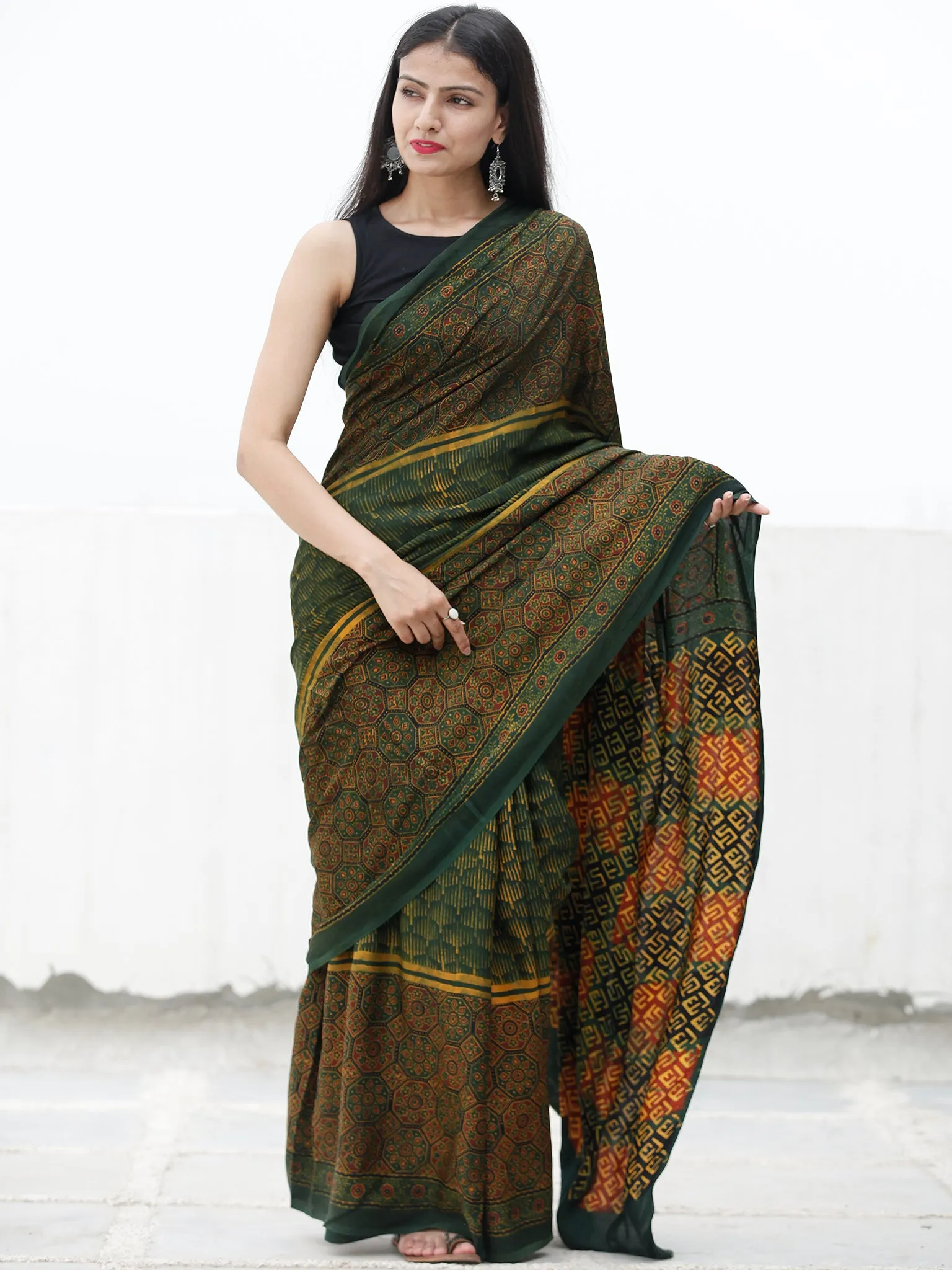 Green Yellow Maroon Ajrakh Hand Block Printed Modal Silk Saree in Natural Colors - S031703714