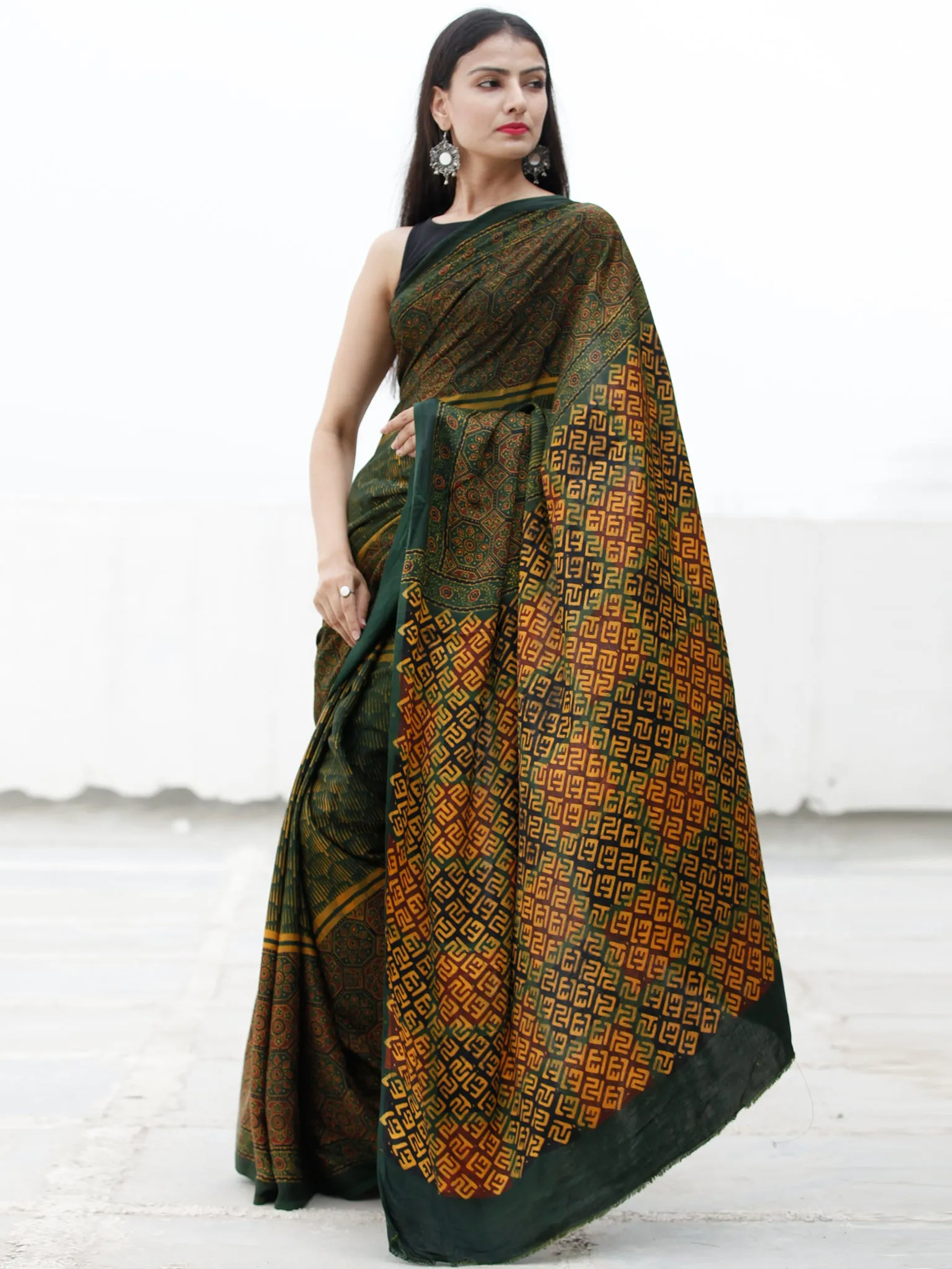Green Yellow Maroon Ajrakh Hand Block Printed Modal Silk Saree in Natural Colors - S031703714
