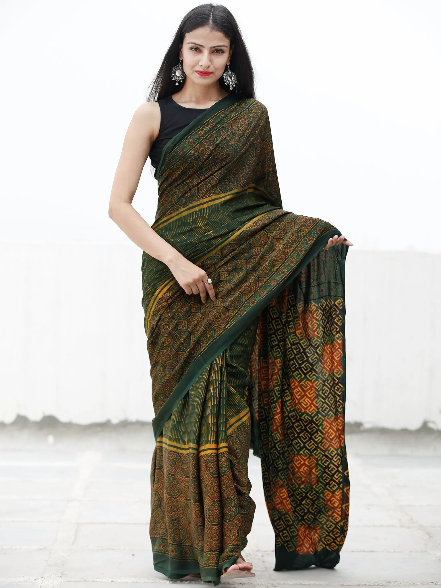 Green Yellow Maroon Ajrakh Hand Block Printed Modal Silk Saree in Natural Colors - S031703714