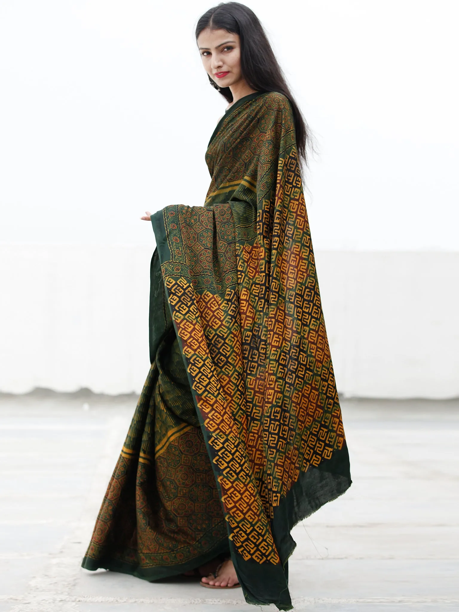Green Yellow Maroon Ajrakh Hand Block Printed Modal Silk Saree in Natural Colors - S031703714