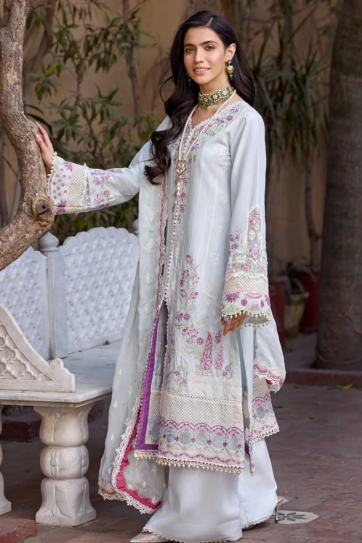 Grey Pakistani Long Kameez Trousers with Dupatta Eid Dress