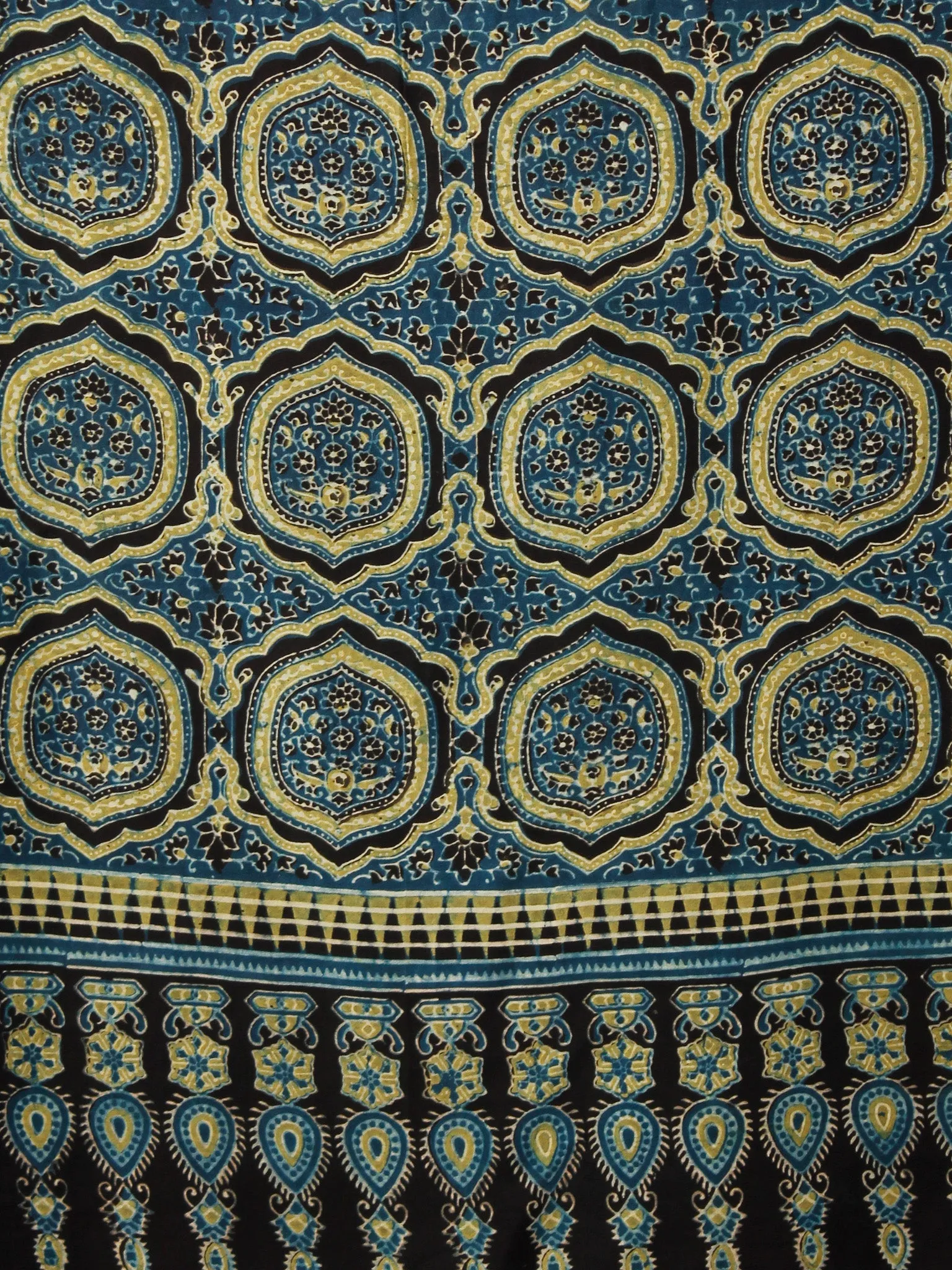 Indigo Black Fern Green Ajrakh Hand Block Printed Modal Silk Saree in Natural Colors - S031703352